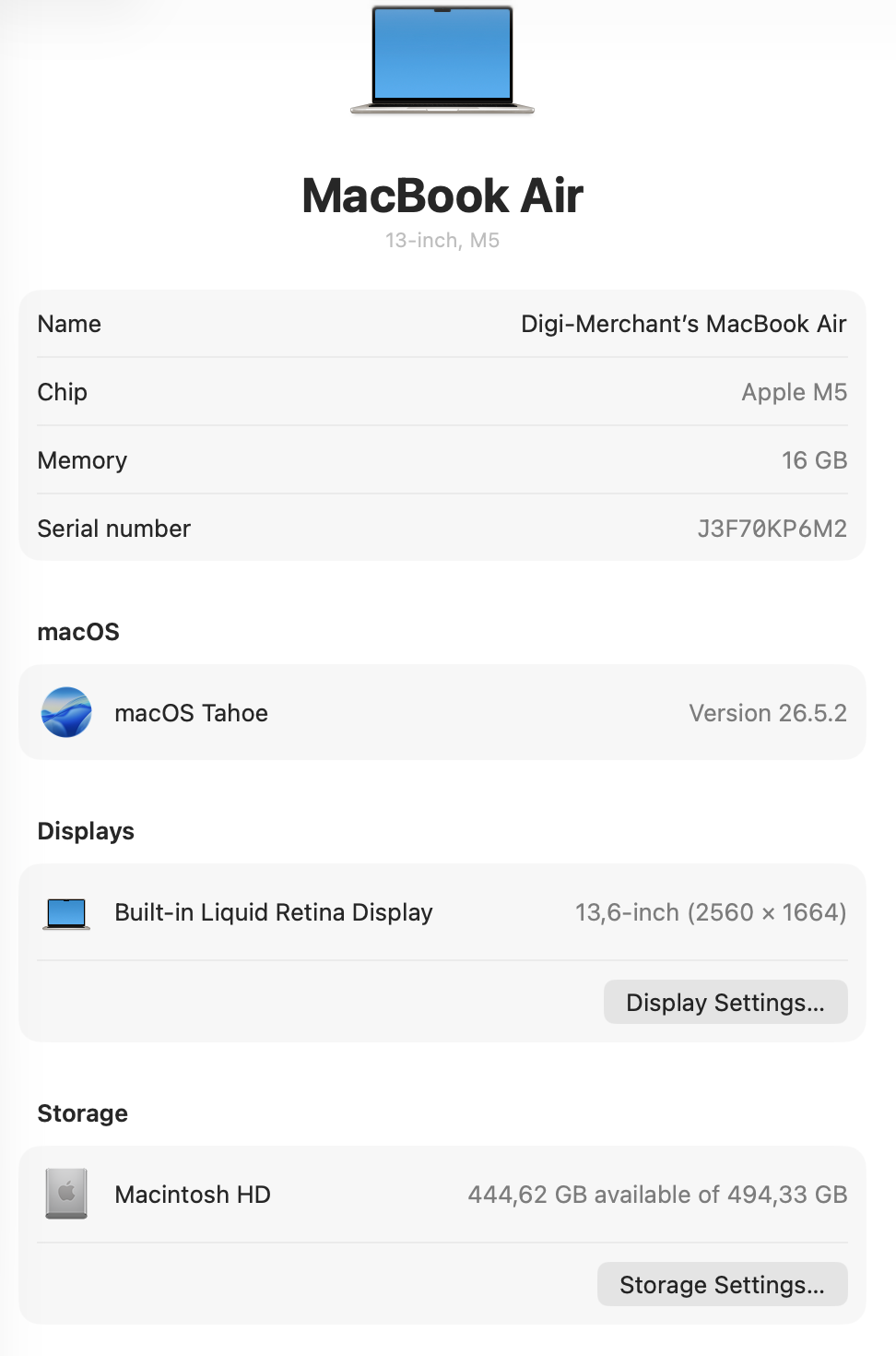 MacBook Air 13-inch | M5 Chip | 512GB | 16GB - Starlight (Pre-owned | A-Grade Pristine)