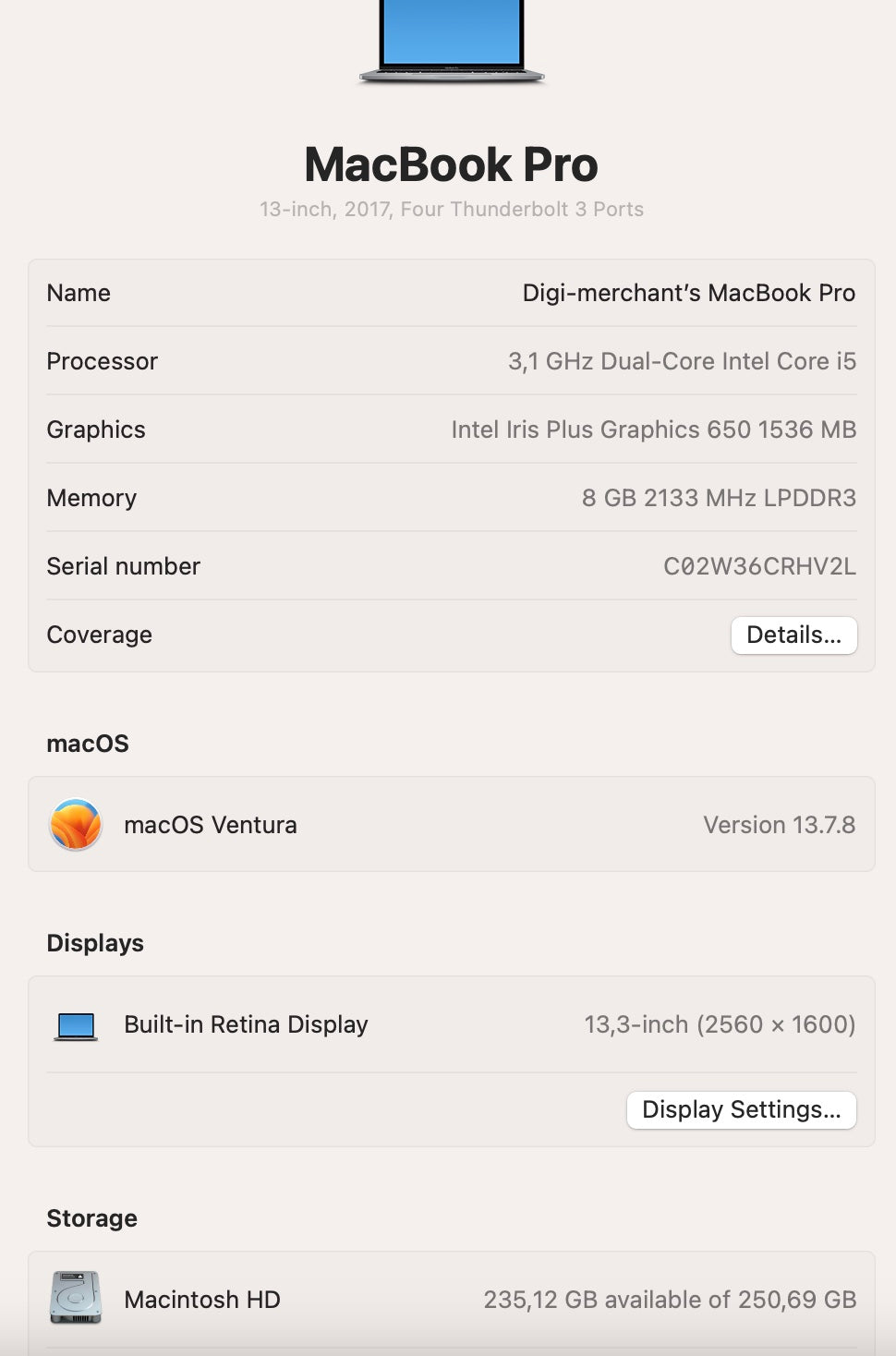 13-inch MacBook Pro (2017) Intel i5 256GB - Space Grey (Pre-owned | A-Grade)