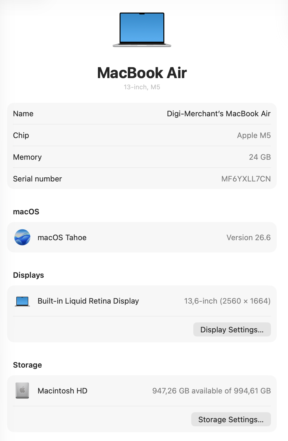 MacBook Air 13-inch | M5 Chip | 1TB | 24GB- Silver (Pre-owned | Pristine)