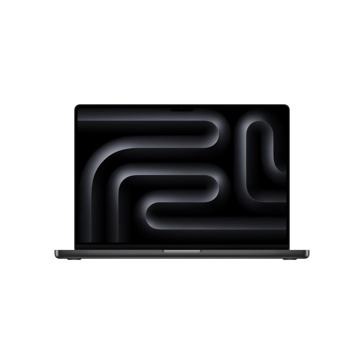 A 16-inch MacBook Pro in space black color with the lid closed, displaying a black screen with a black design.