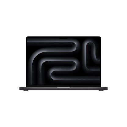 A 16-inch MacBook Pro in space black color with the lid closed, displaying a black screen with a black design.
