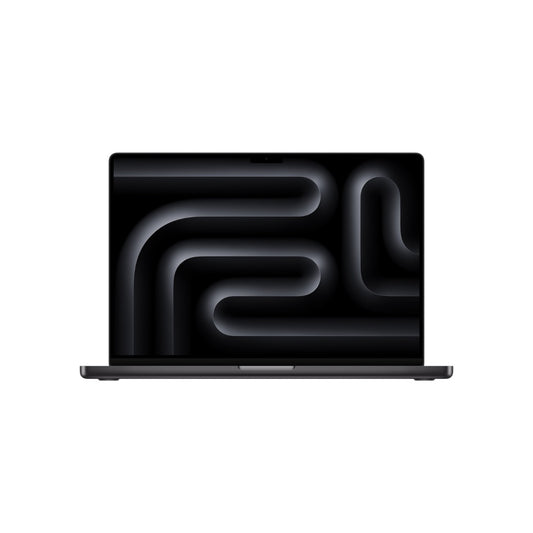 A 16-inch MacBook Pro in space black color with the lid closed, displaying a black screen with a black design.