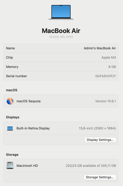 MacBook Air 13-inch | M3 Chip | 256GB | 8GB - Silver (Pre-owned | B-Grade)