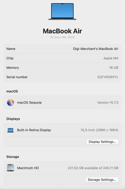 MacBook Air 15-inch | M4 Chip | 256GB | 16GB - Midnight (Pre-owned |B-Grade)