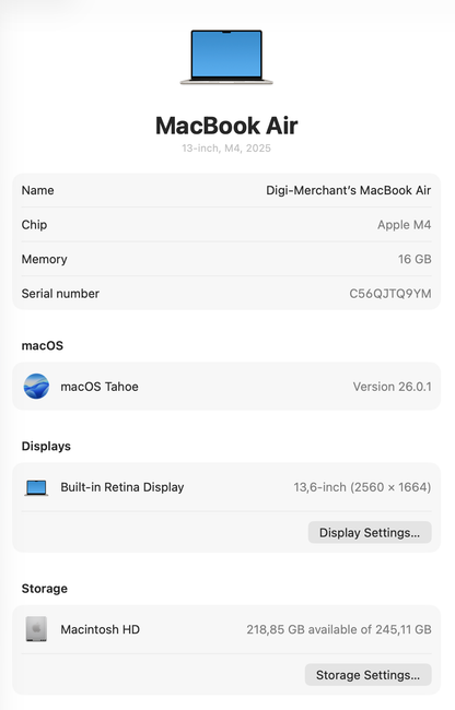 MacBook Air 13-inch | M4 Chip | 256GB | 16GB - Starlight (Pre-owned | A-Grade Pristine)