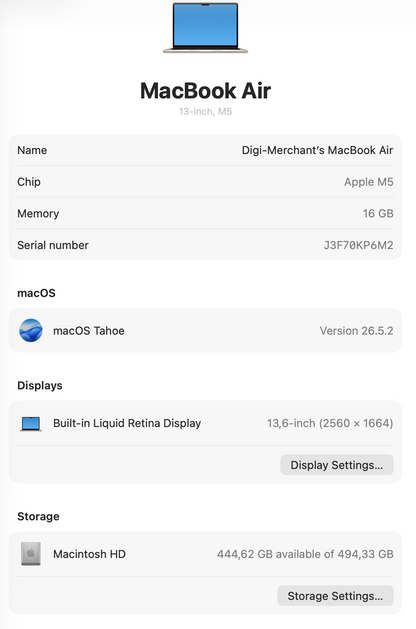 MacBook Air 13-inch | M5 Chip | 512GB | 16GB - Starlight (Pre-owned | A-Grade Pristine)