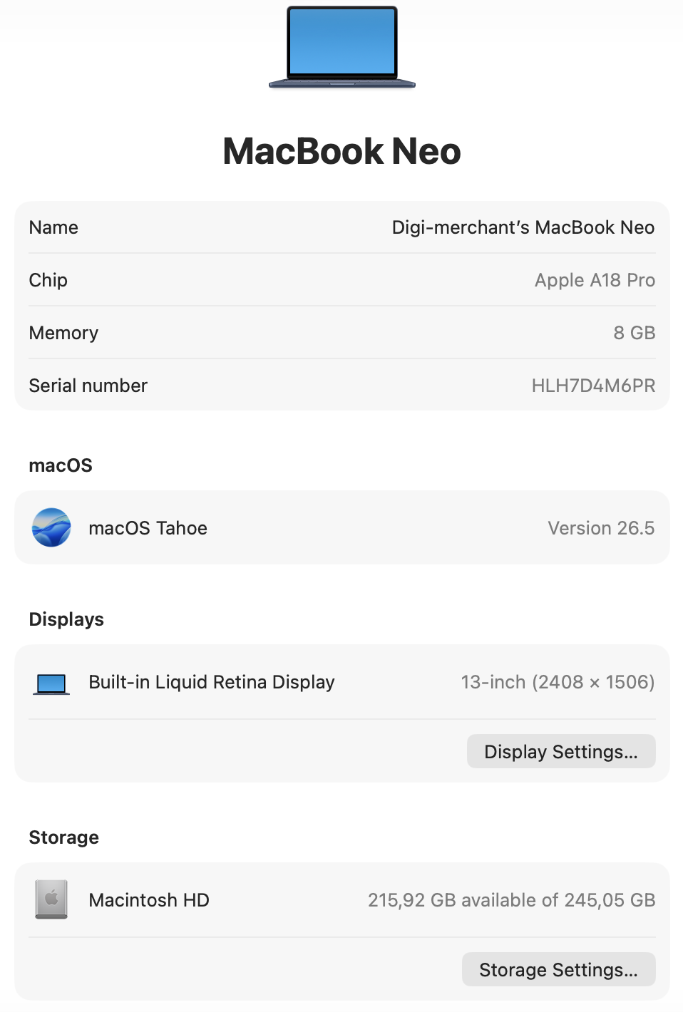 MacBook Neo 13-inch | A18 Pro | 256GB | 8GB - Indigo (Pre-owned | A-Grade)