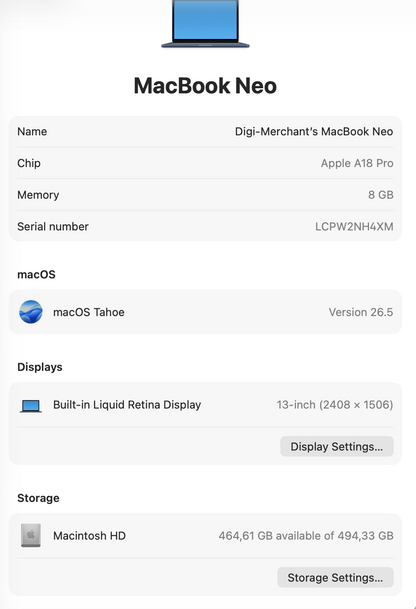 MacBook Neo 13-inch | A18 Pro | 512GB | 8GB - Indigo (Pre-owned | A-Grade)