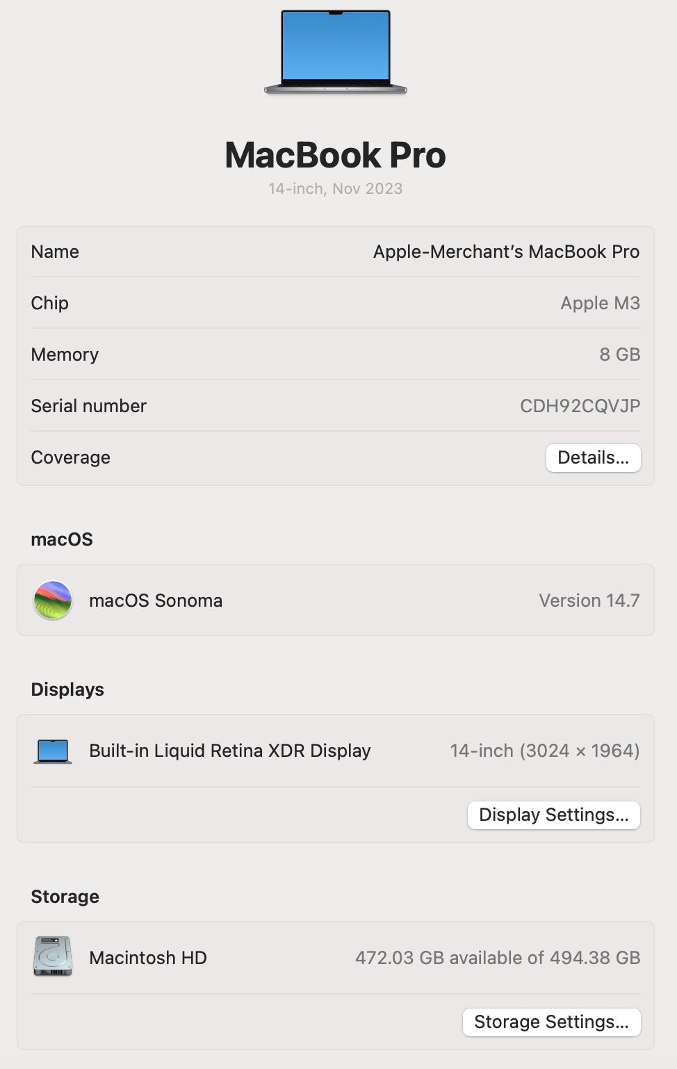 MacBook Pro 14-inch With M3 Chip 512GB - Space Grey  (Pre-owned |C-Grade)