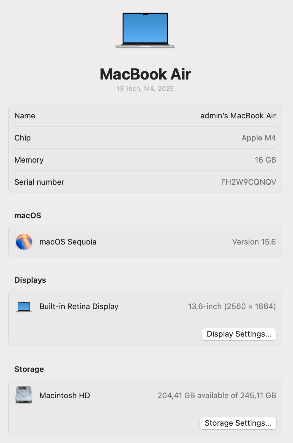 MacBook Air 13-inch | M4 Chip | 256GB | 16GB- Silver (Pre-owned | A-Grade)
