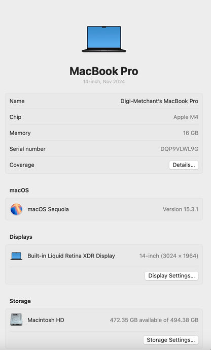 MacBook Pro 14-inch With M4 Chip 512GB | 16GB - Space Black (Pre-owned | Pristine)