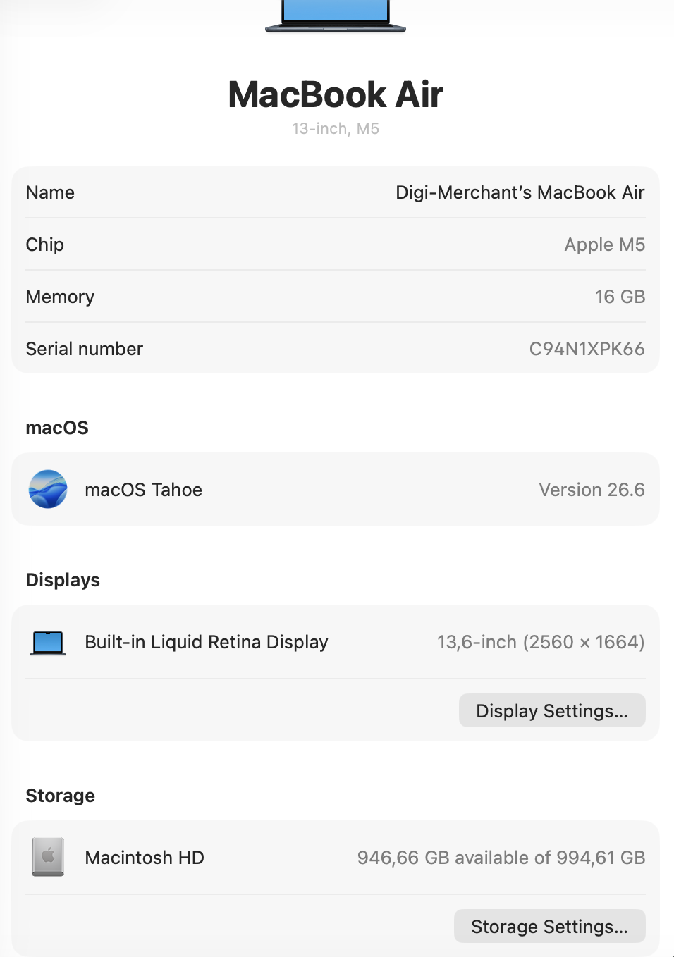 MacBook Air 13-inch | M5 Chip | 1TB | 16GB - Midnight (Pre-owned | Pristine)