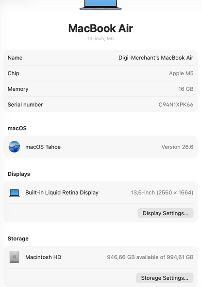 MacBook Air 13-inch | M5 Chip | 1TB | 16GB - Midnight (Pre-owned | Pristine)