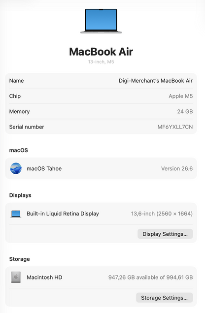 MacBook Air 13-inch | M5 Chip | 1TB | 24GB- Silver (Pre-owned | Pristine)