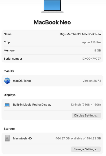 MacBook Neo 13-inch | A18 Pro | 512GB | 8GB - Silver (Pre-owned | Pristine)