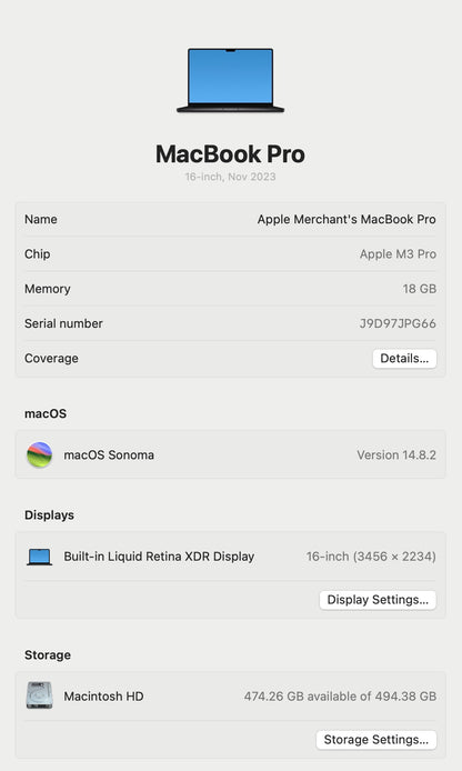 MacBook Pro 16-inch With M3 Pro Chip | 512GB | 18GB - Space Black (Pre-owned | A-Grade)