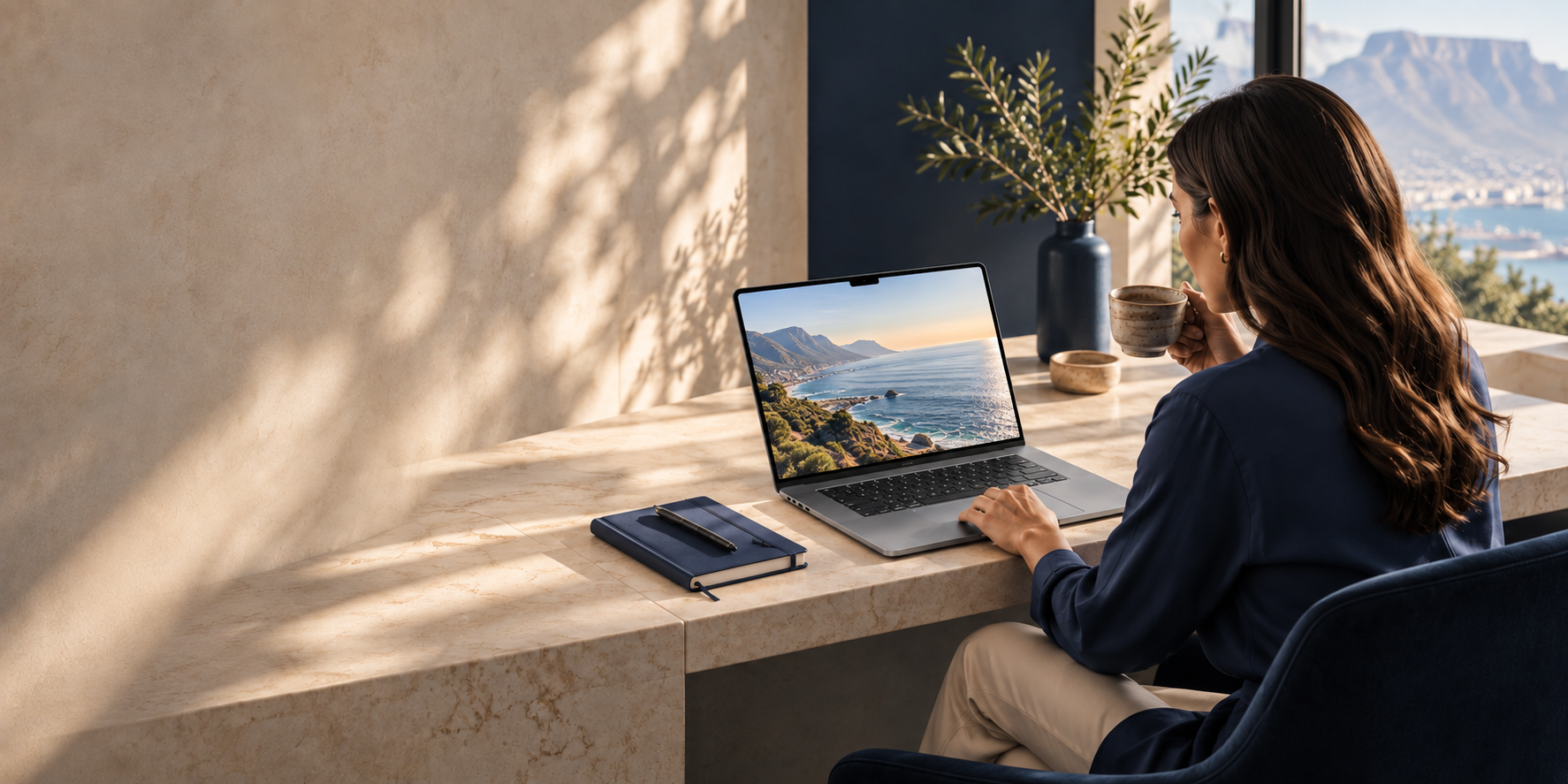 Illustrative lifestyle scene of creative work on a laptop in a sunlit workspace